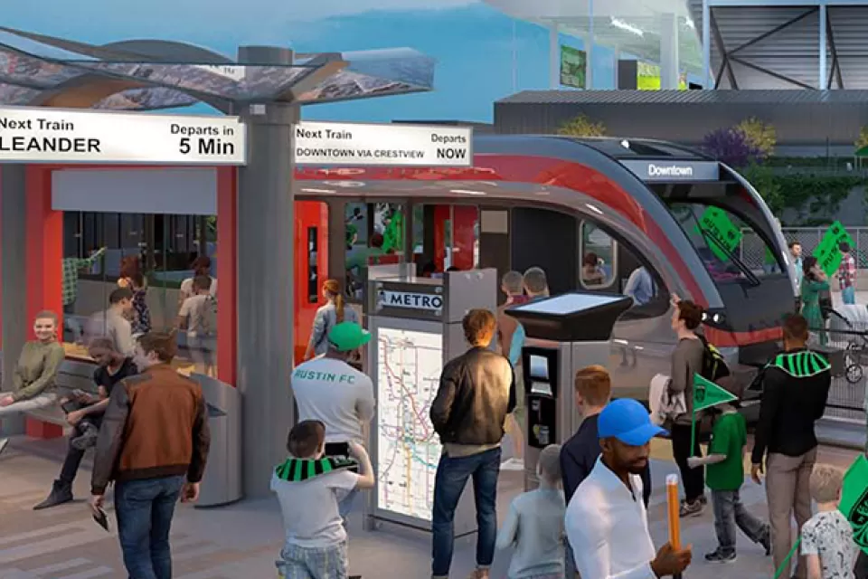 rendering of red light rail tran at crowded station platform